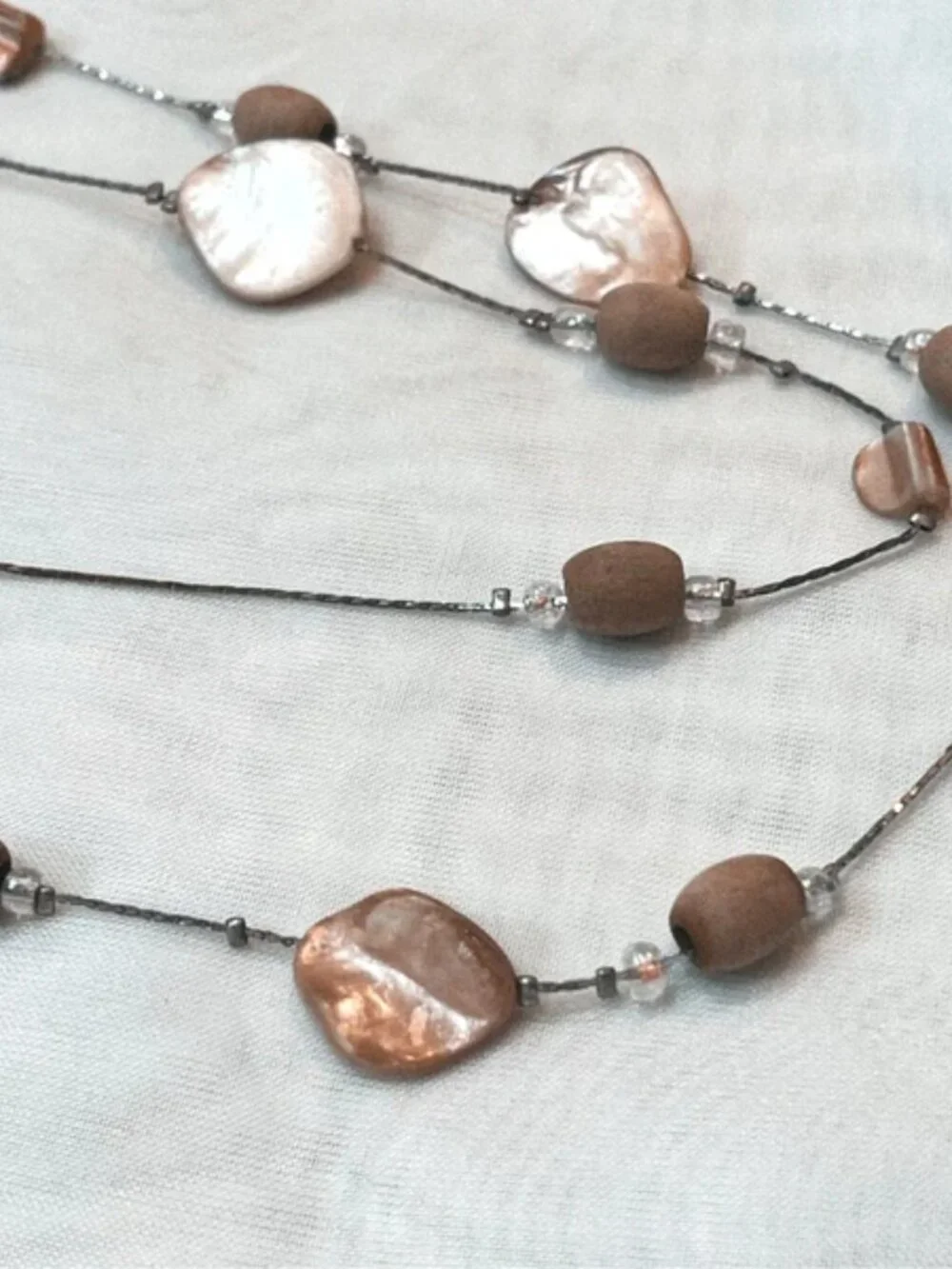 Vintage Mother of Pearl Shell Wood Bead Layered Station Necklace Brown